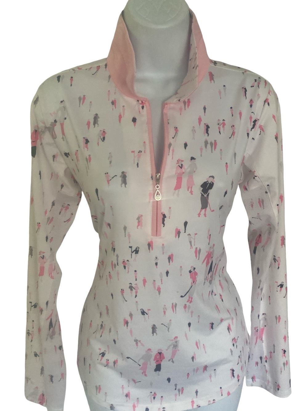 San Soleil UPF 50 White & Pink Quarter-Zip Pullover with Figurine Print-S